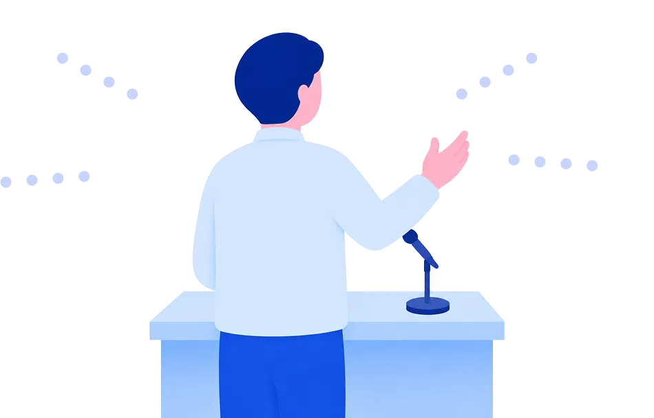 マイクの前で登壇して話す講演者のイラスト